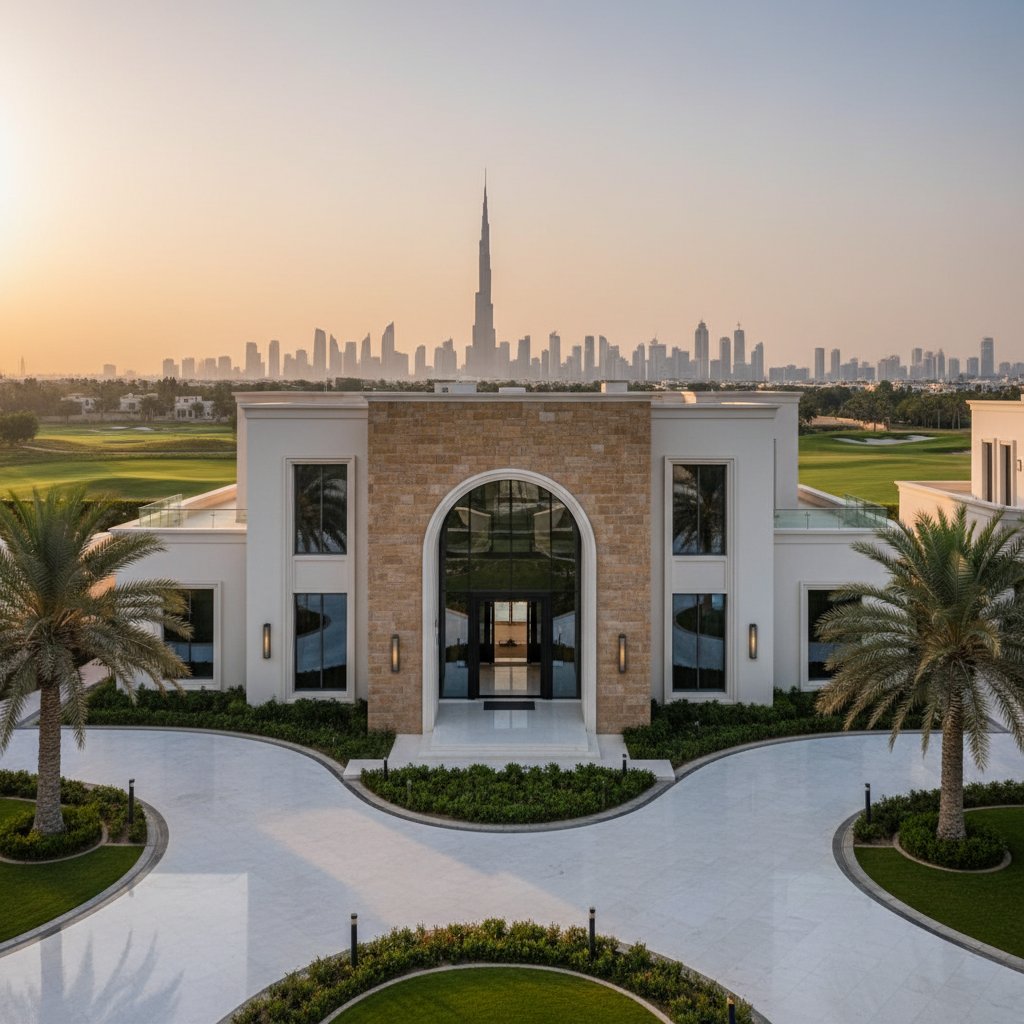 Grand luxury villa in Dubai Hills with Burj Khalifa skyline view - First Unicorn Interiors