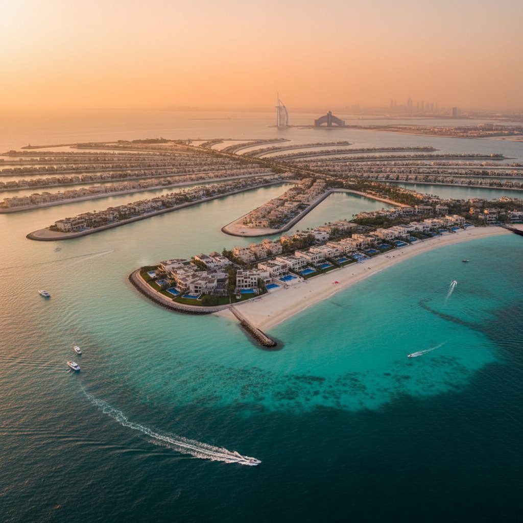 Aerial view of Palm Jumeirah luxury villas - First Unicorn Interiors villa renovation