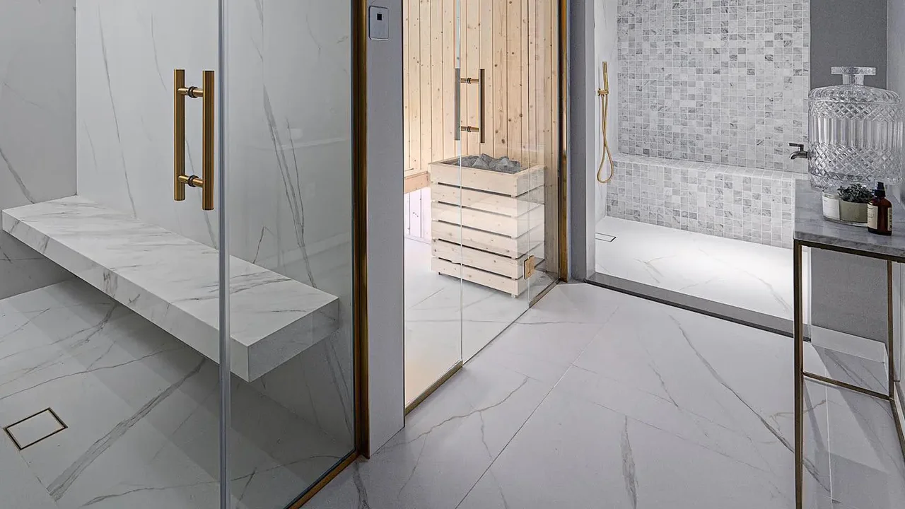 Dubai Hills bathroom renovation with stone finishes by First Unicorn Interiors