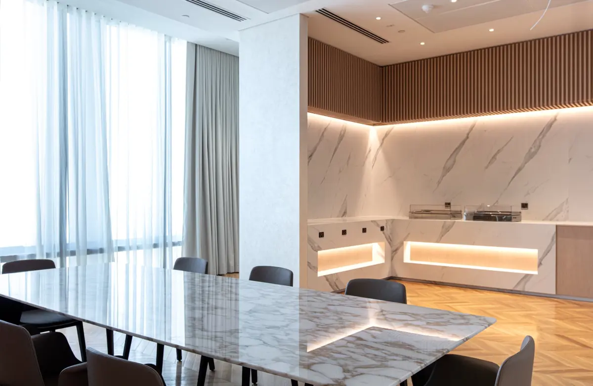 Marble meeting room — First Unicorn Interiors project, Dubai