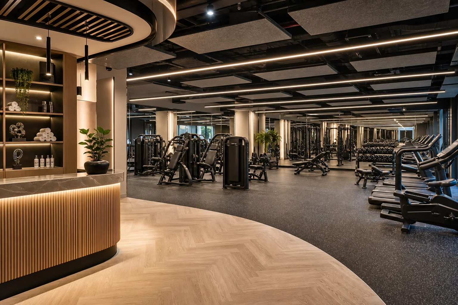 Premium gym training floor with mirrors and equipment