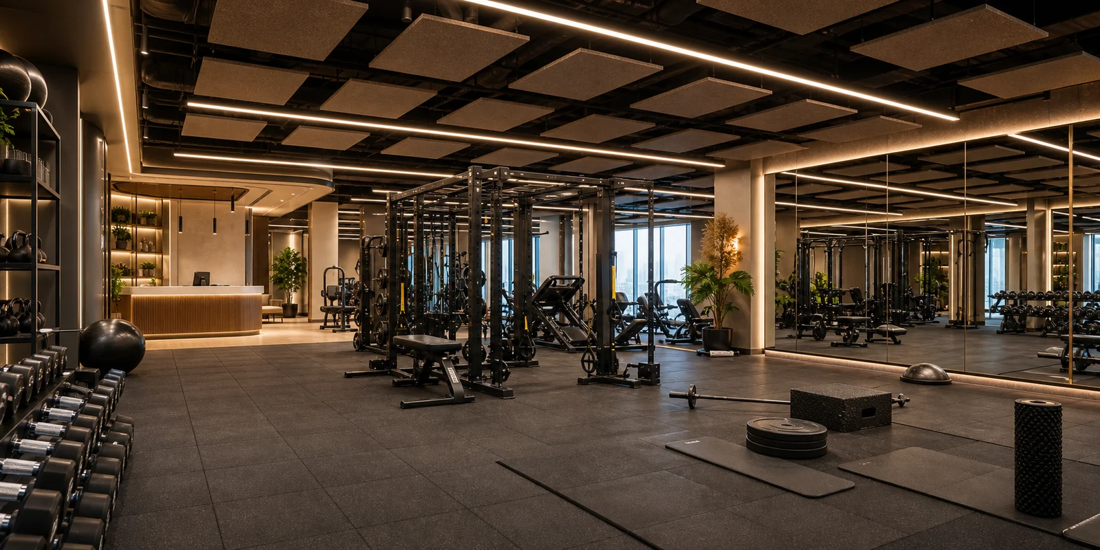 Boutique fitness studio with acoustic ceiling panels