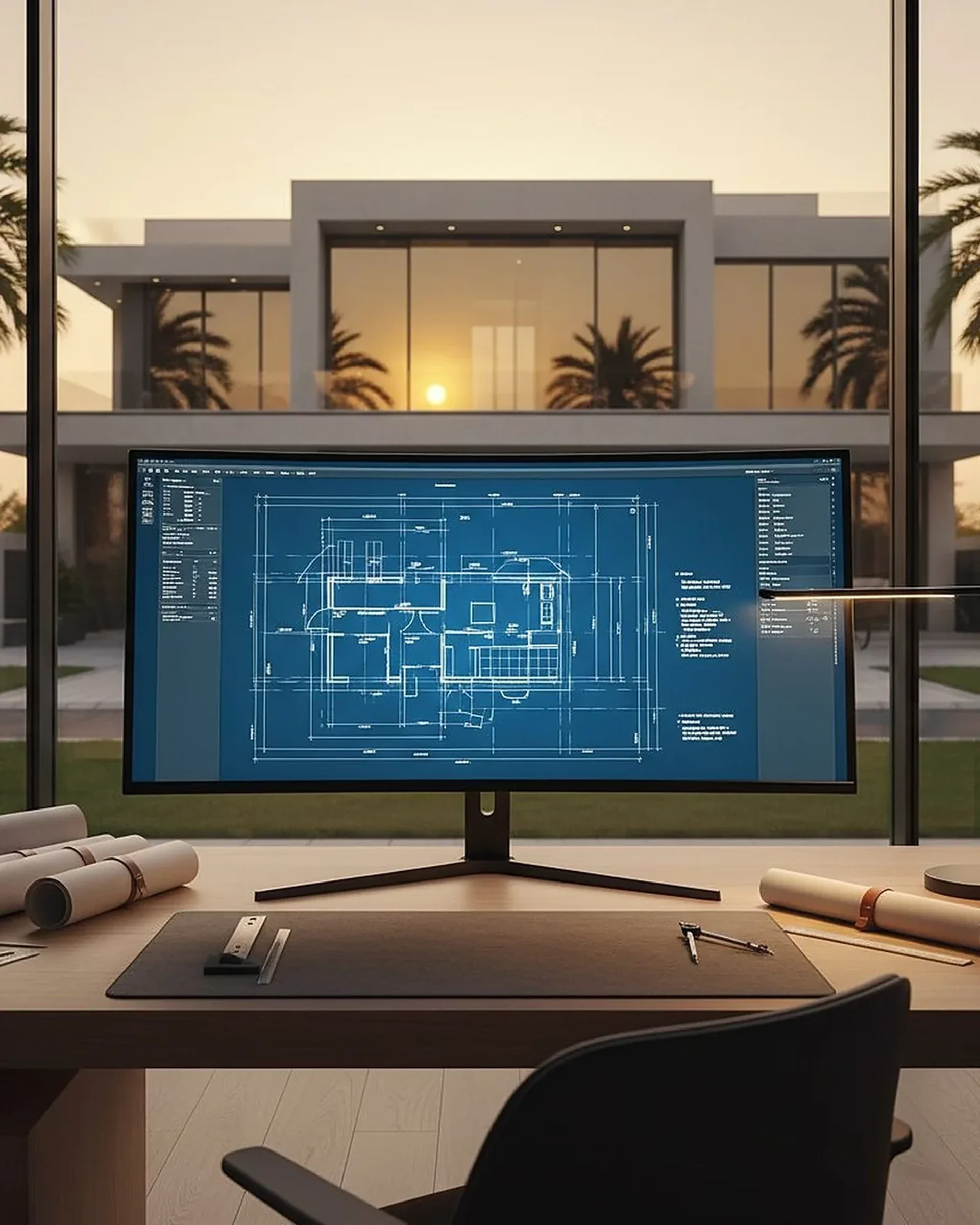Architectural design Dubai - construction-ready villa drawings on monitor with luxury Palm Jumeirah villa background