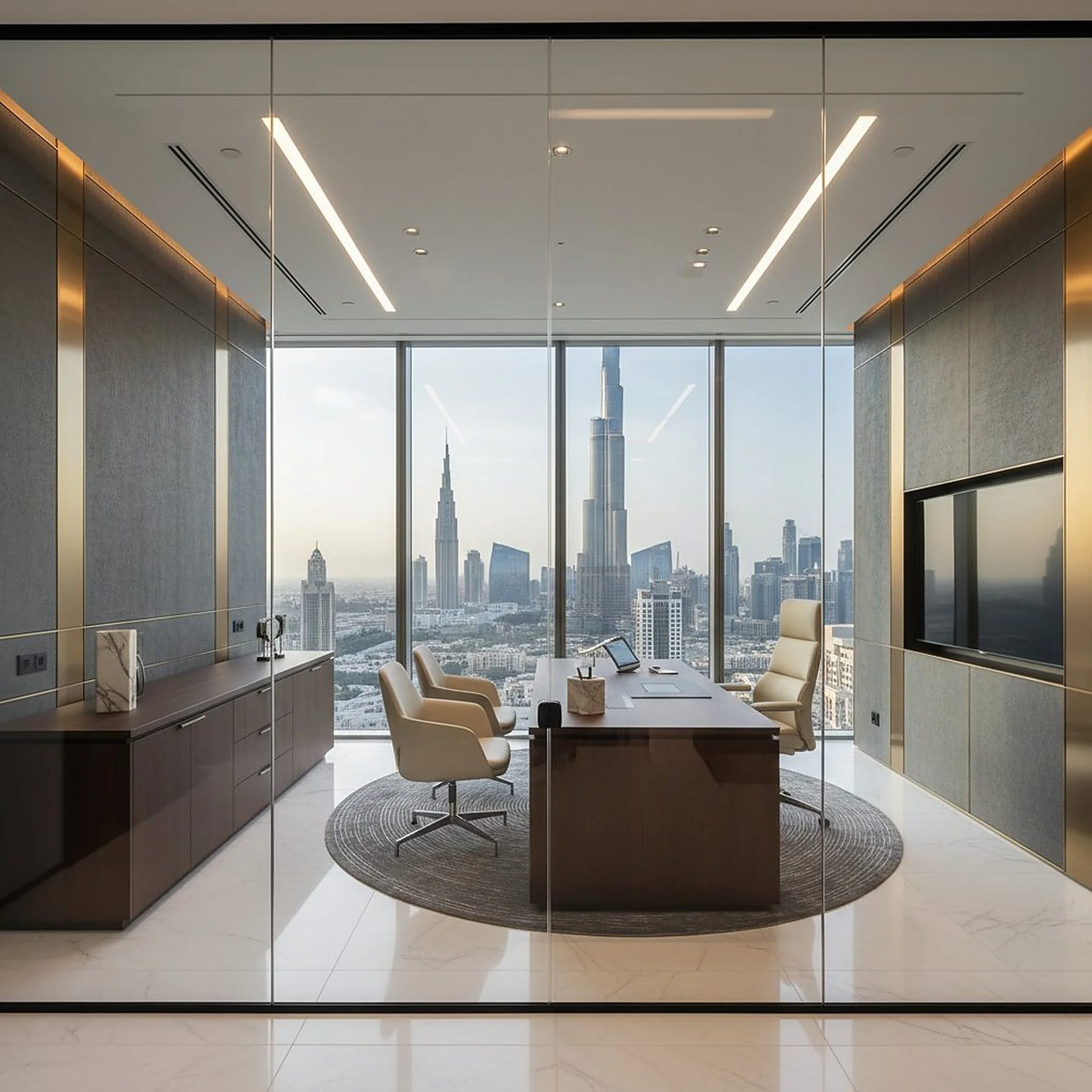 Completed office fit-out with glass partitions in Dubai by First Unicorn Interiors