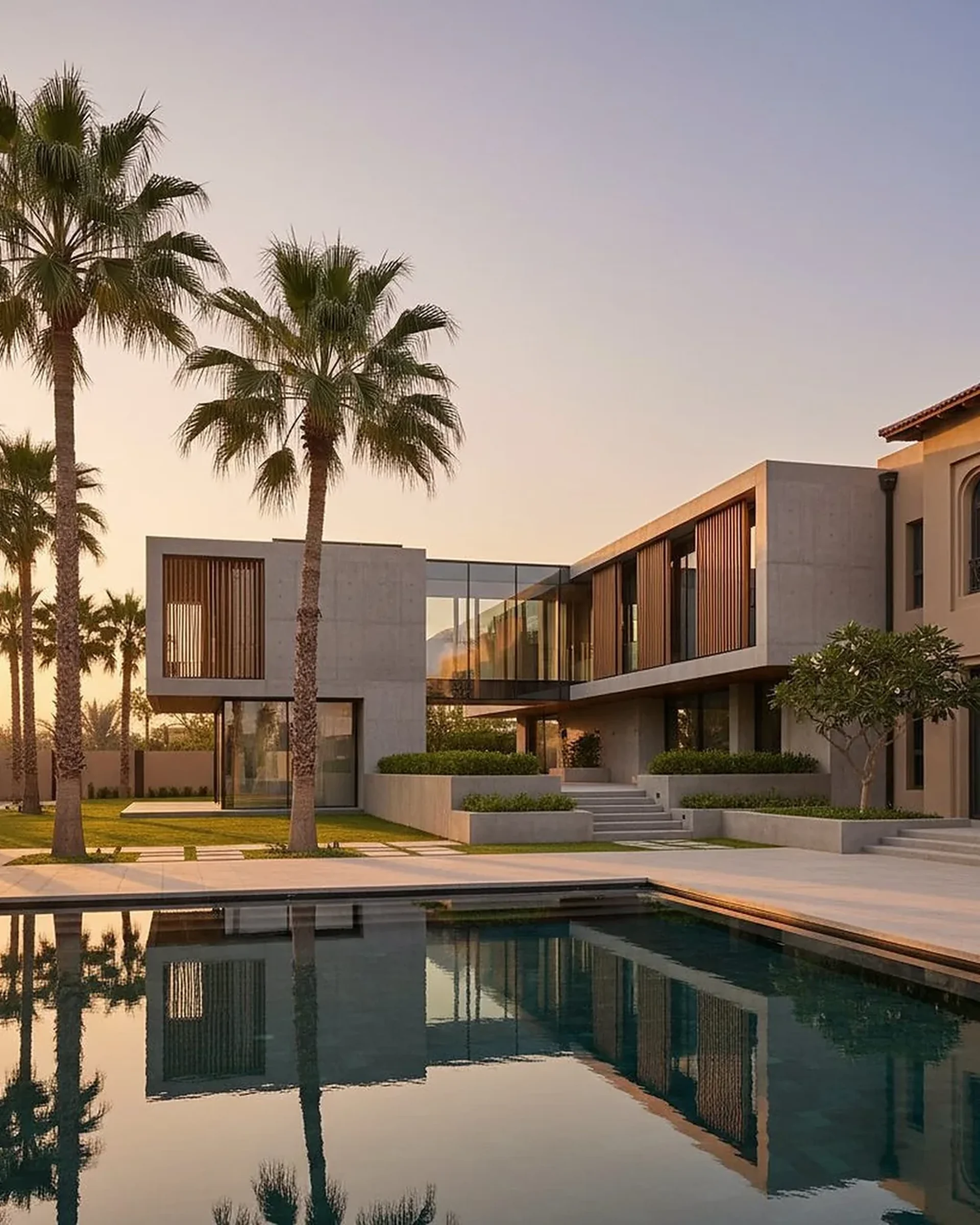 Finished modern villa extension with pool and landscaped exterior