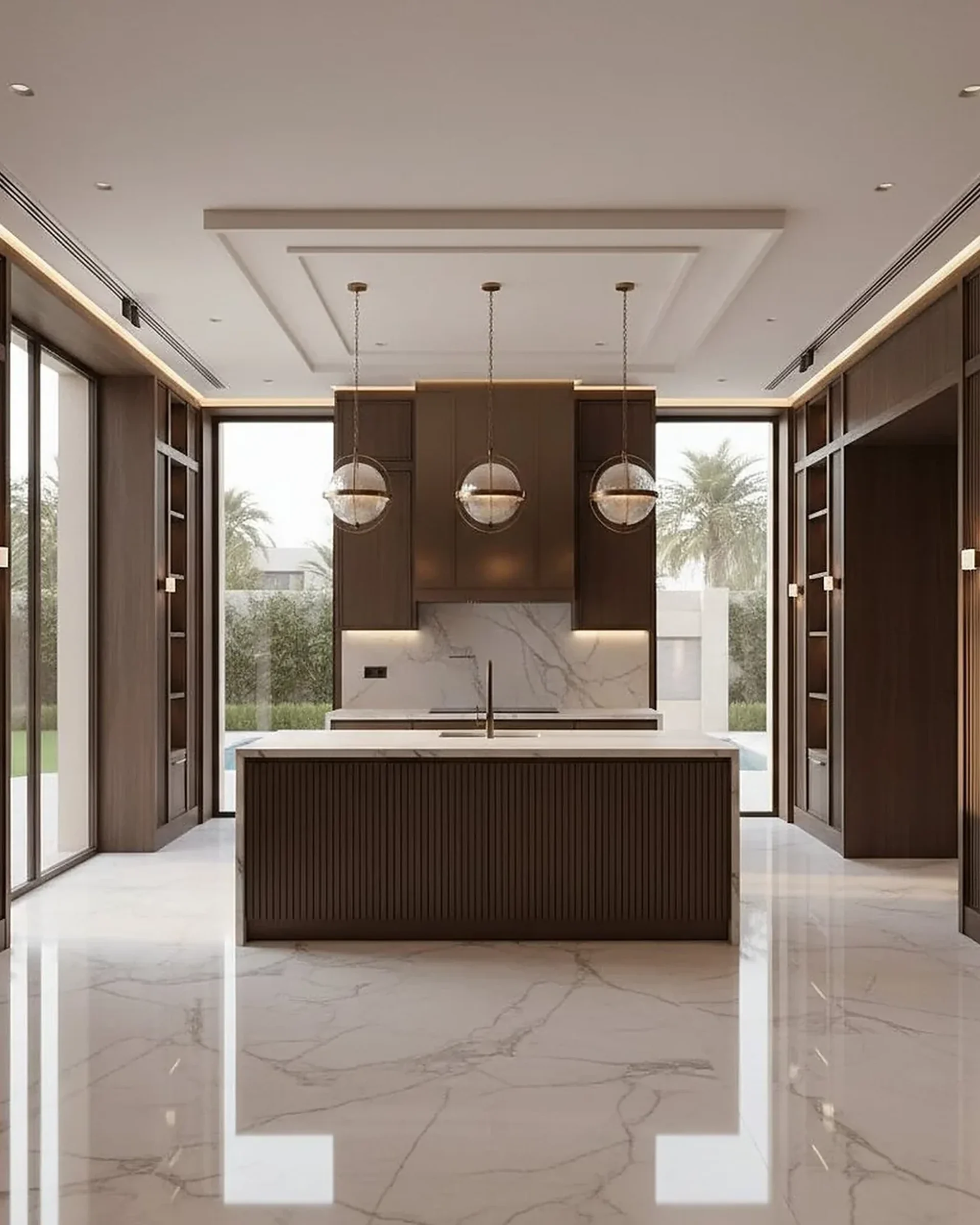 High-end Dubai villa fitout in progress with marble flooring and bronze accents