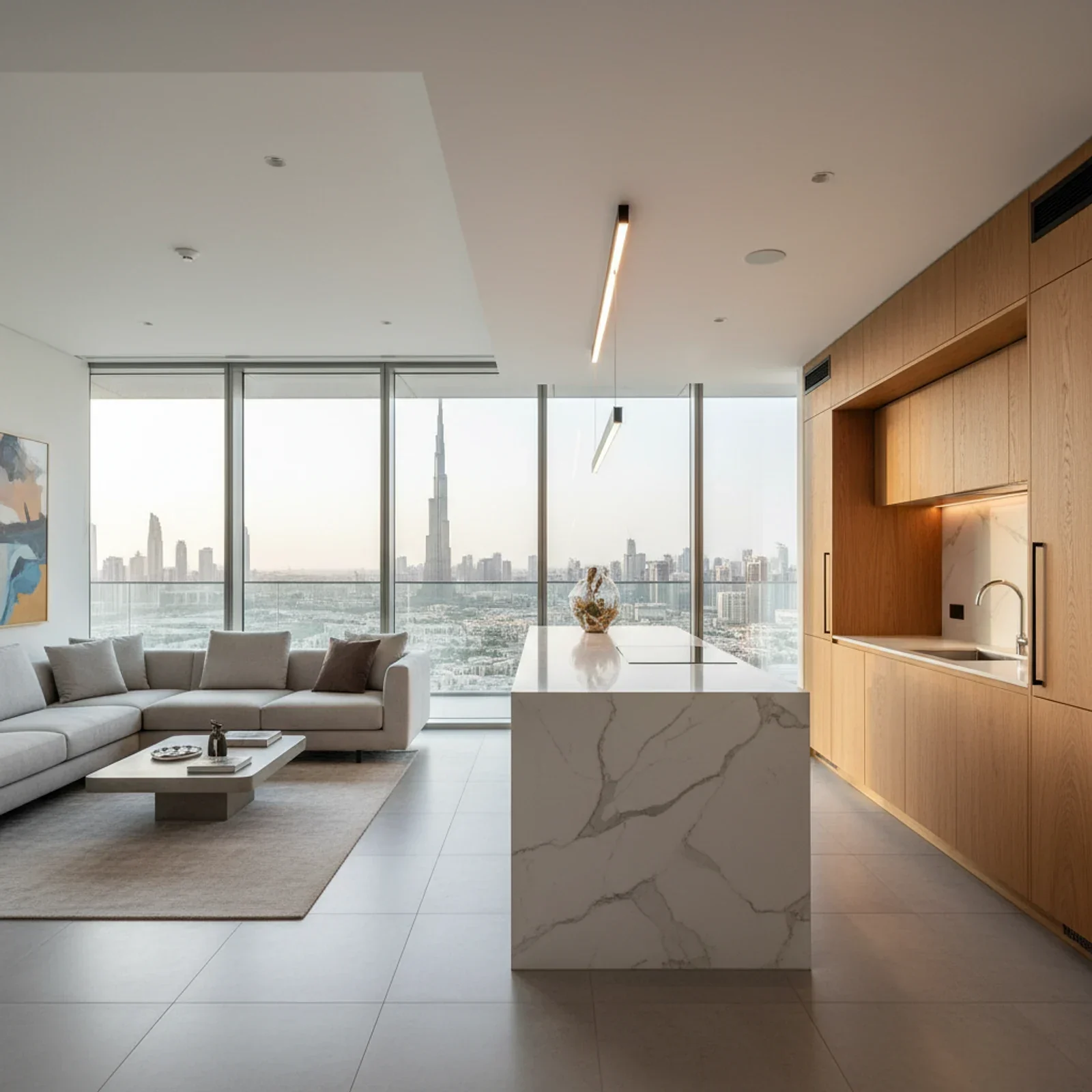 Full apartment renovation in Dubai — redesigned open-plan living and dining area with custom joinery