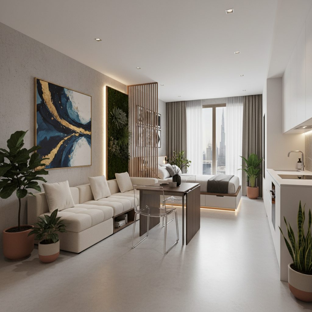 Contemporary apartment interior renovation in Dubai — living and dining by First Unicorn Interiors