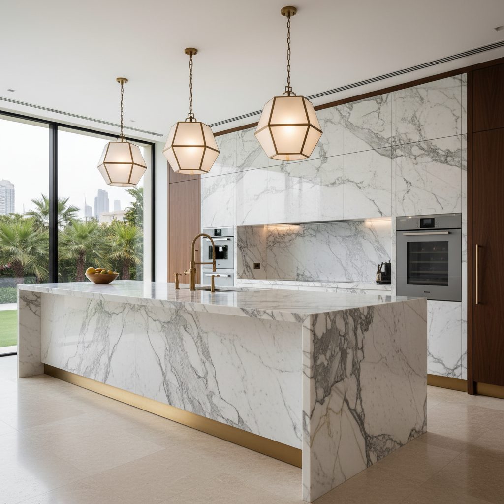 Calacatta marble island Dubai kitchen