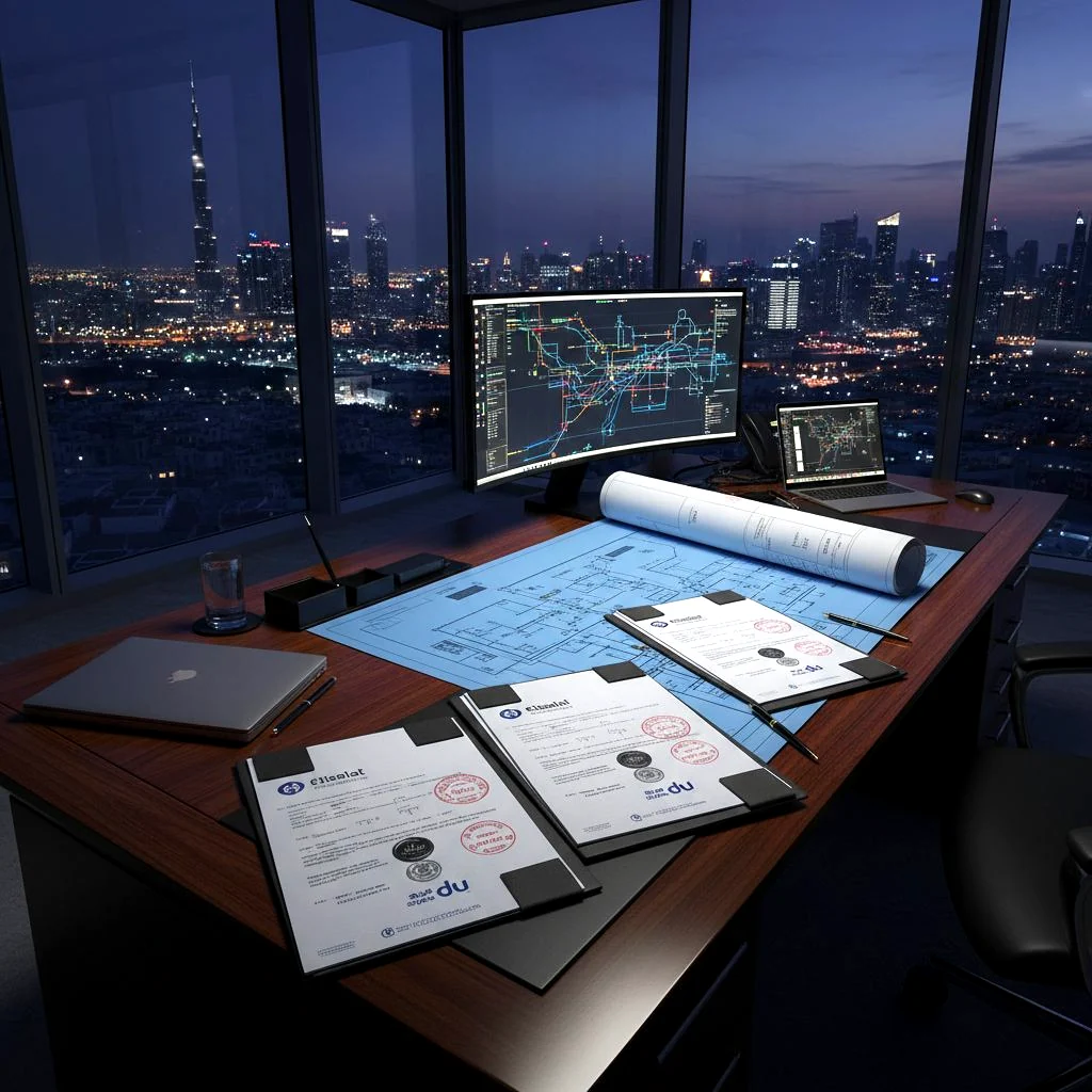 Etisalat and du telecom connection clearance documents for a Dubai renovation project