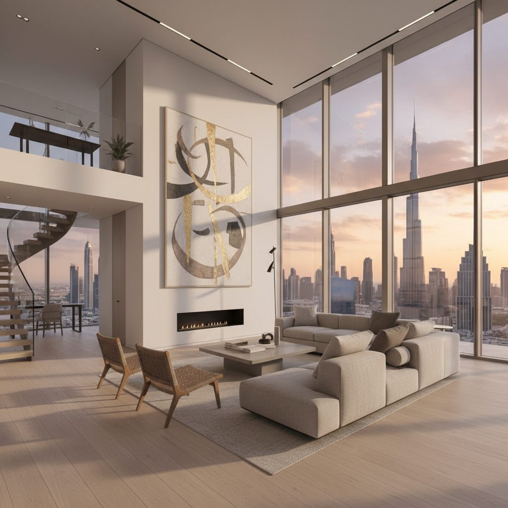 Luxury penthouse renovation in Dubai — open living space with skyline views