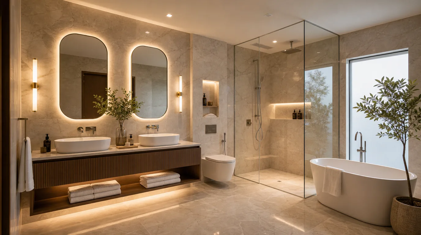 Spa style villa bathroom renovation with double vanity, glass shower and bathtub
