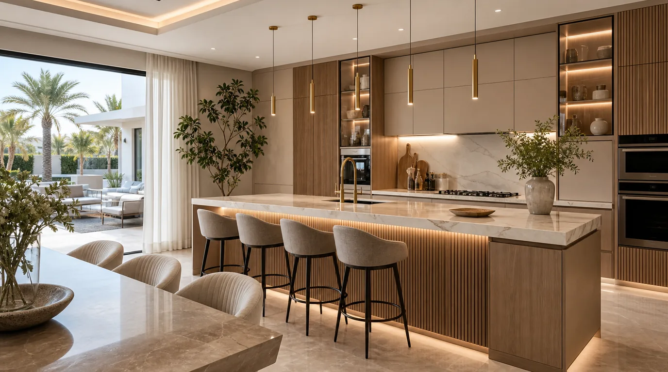 Open-plan villa kitchen renovation with island, warm joinery and garden view