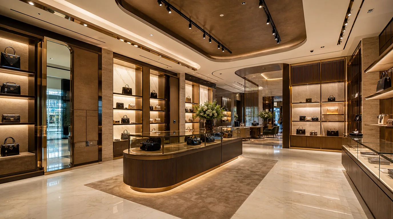 Photoreal Dubai luxury retail boutique fit-out with display shelving and marble floor