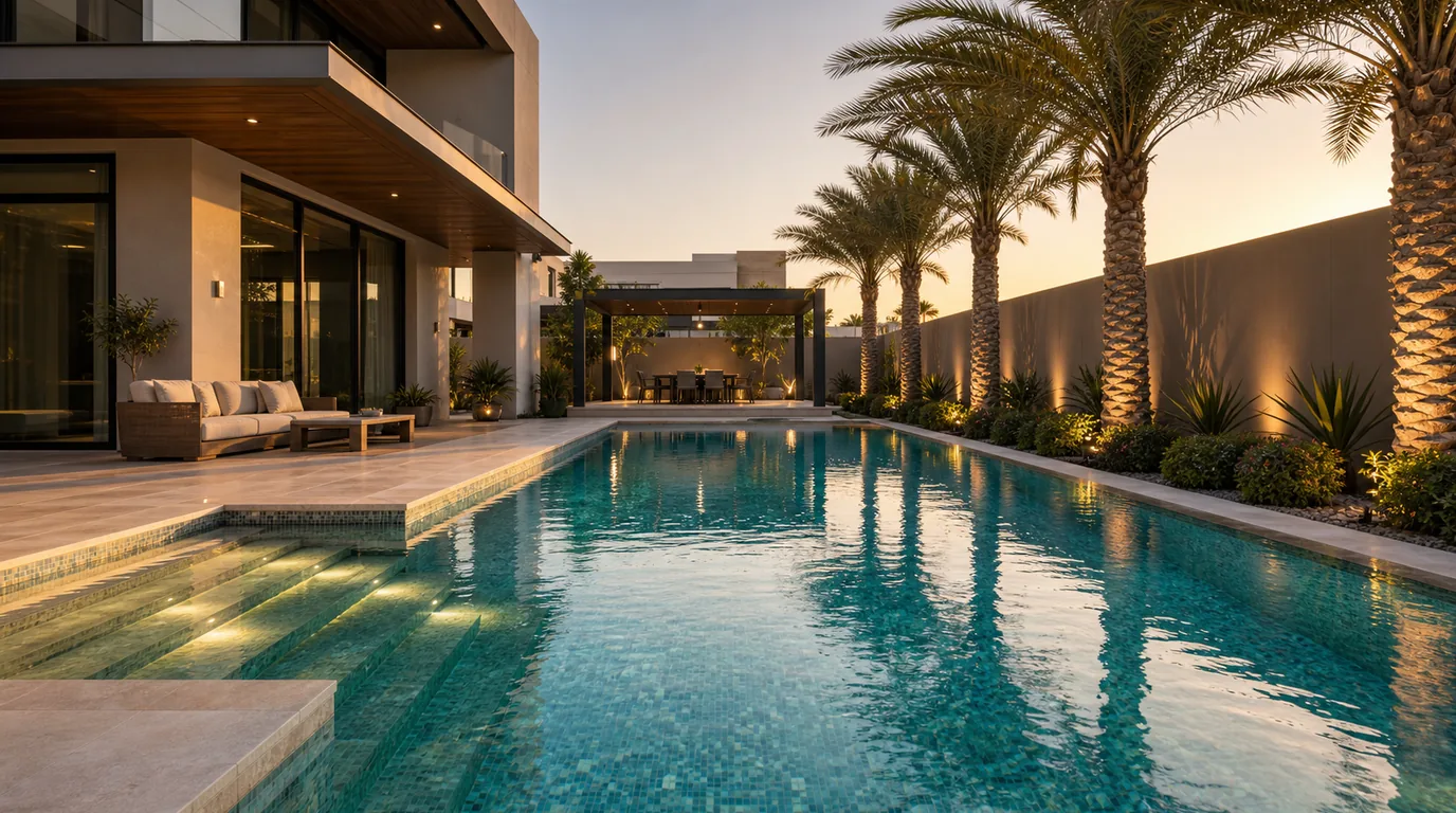 Stunning luxury Dubai villa swimming pool with marble surroundings and palm trees