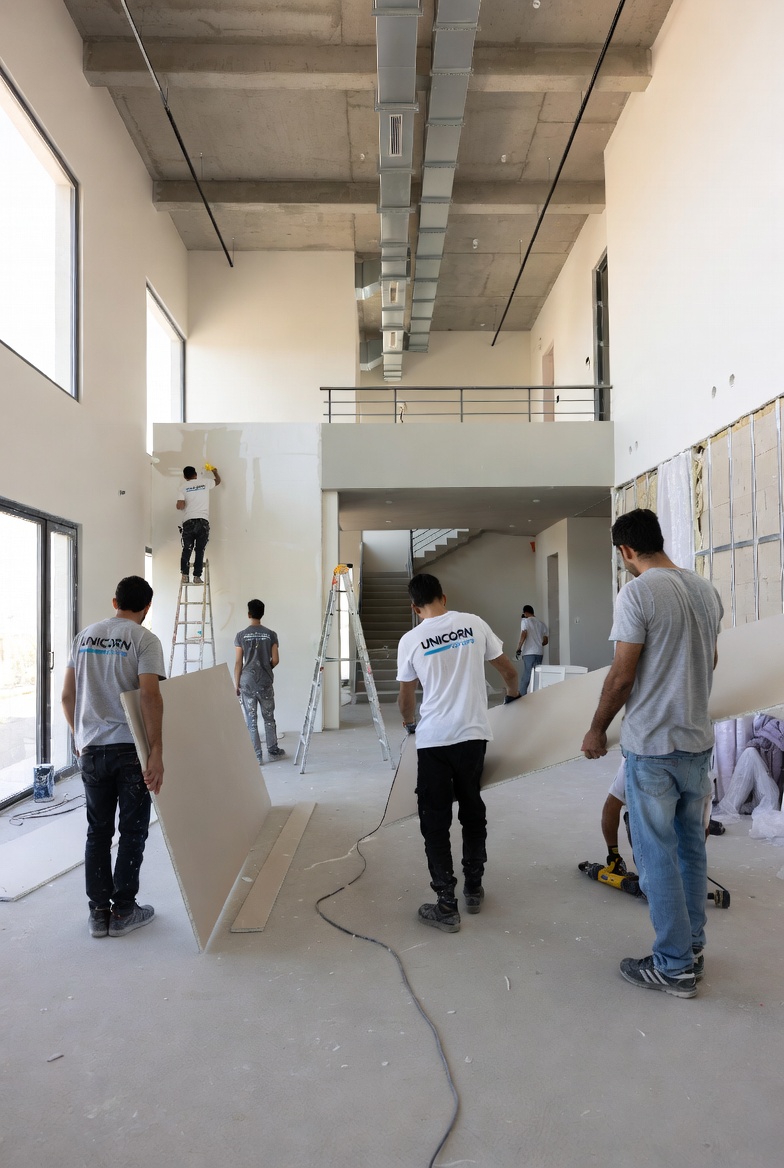 First Unicorn Group team installing drywall in Dubai villa