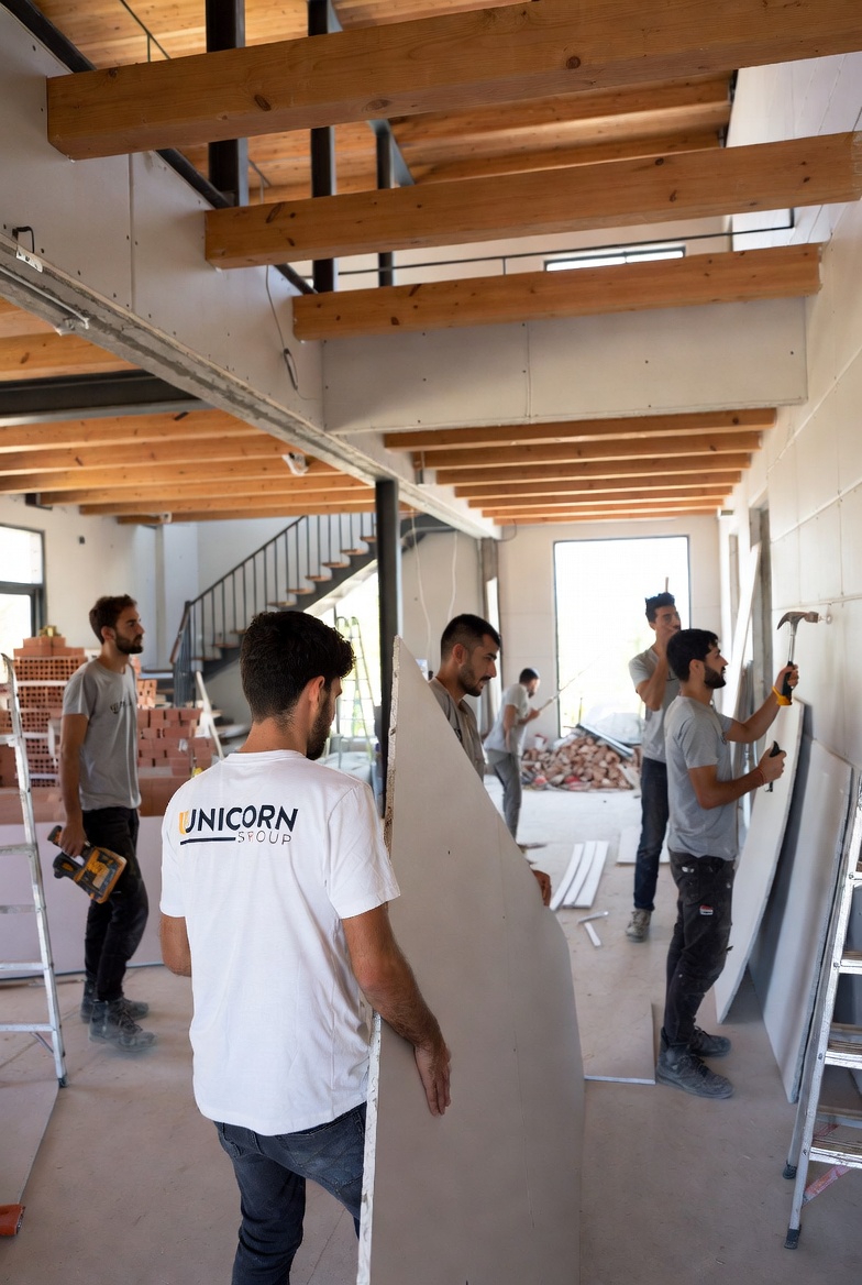 Crew working beneath timber beam ceiling