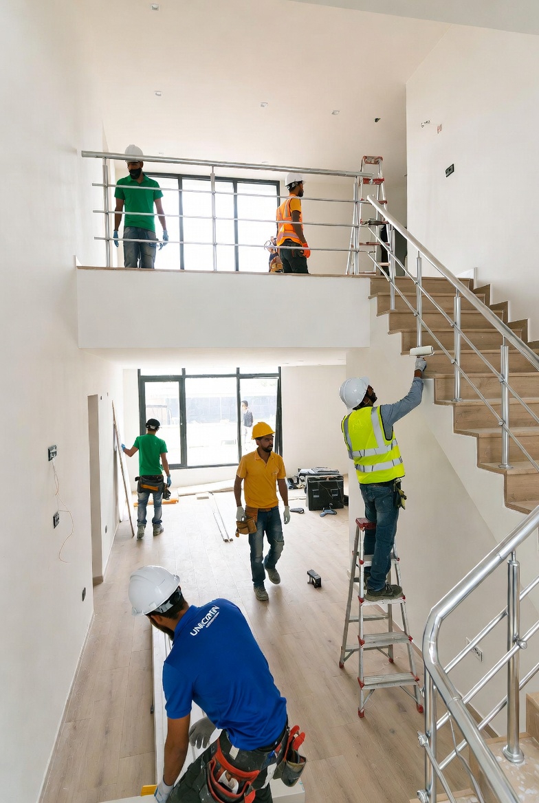 Multiple trades finishing villa staircase